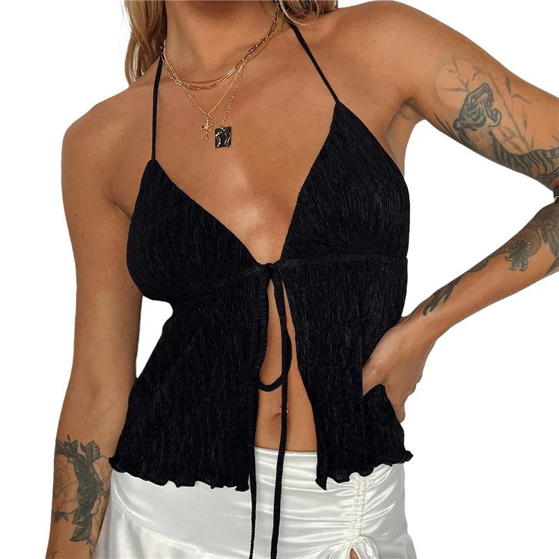 Summer Cami Top Bowknot Lace-Up Sleeveless Cropped Vest Elegant - Other