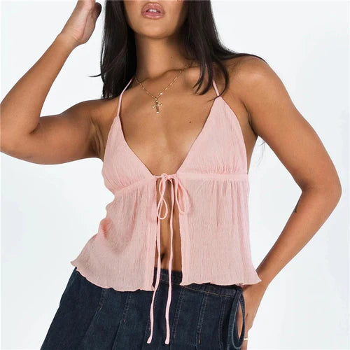 Summer Cami Top Bowknot Lace-Up Sleeveless Cropped Vest Elegant - XL / Pink - Other