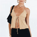 Summer Cami Top Bowknot Lace-Up Sleeveless Cropped Vest Elegant - XL / Khaki - Other