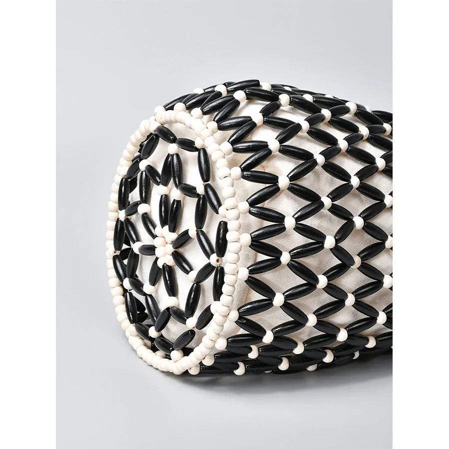 Summer Design Hollow-out Wooden Bead Tote Bucket Shoulder Bag - Brown / 16.5x36cm