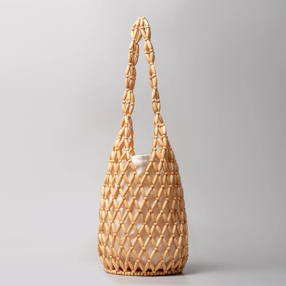 Summer Design Hollow-out Wooden Bead Tote Bucket Shoulder Bag - Beige / 16.5x36cm