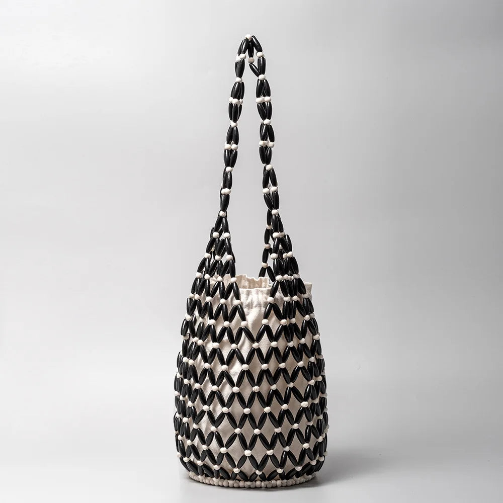 Summer Design Hollow-out Wooden Bead Tote Bucket Shoulder Bag - black white / 16.5x36cm