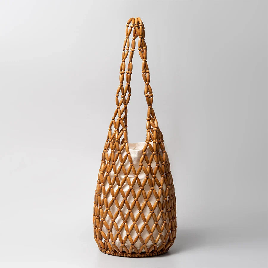 Summer Design Hollow-out Wooden Bead Tote Bucket Shoulder Bag - Brown / 16.5x36cm