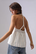Summer French Style Halter Spaghetti Straps Top Cotton Striped - Other