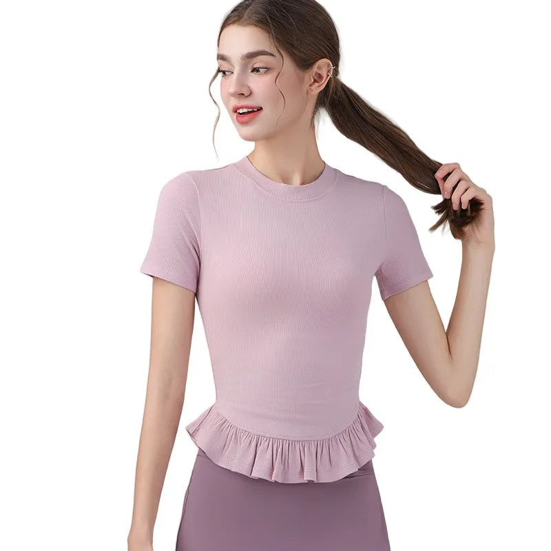 Summer Lacework Women Yoga Short Sleeve T-shirt - pink purple / M