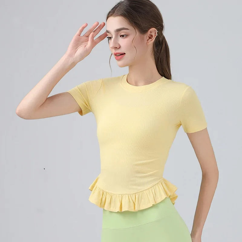 Summer Lacework Women Yoga Short Sleeve T-shirt - yellow / M