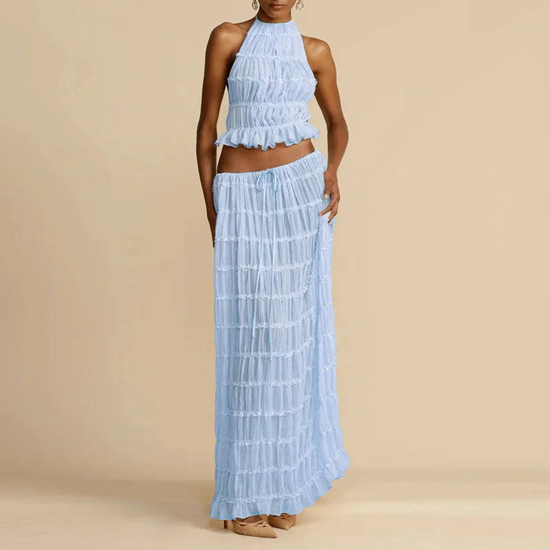 Summer Loungewear Suits Halter Short Top Maxi Skirt - 06 Blue / S