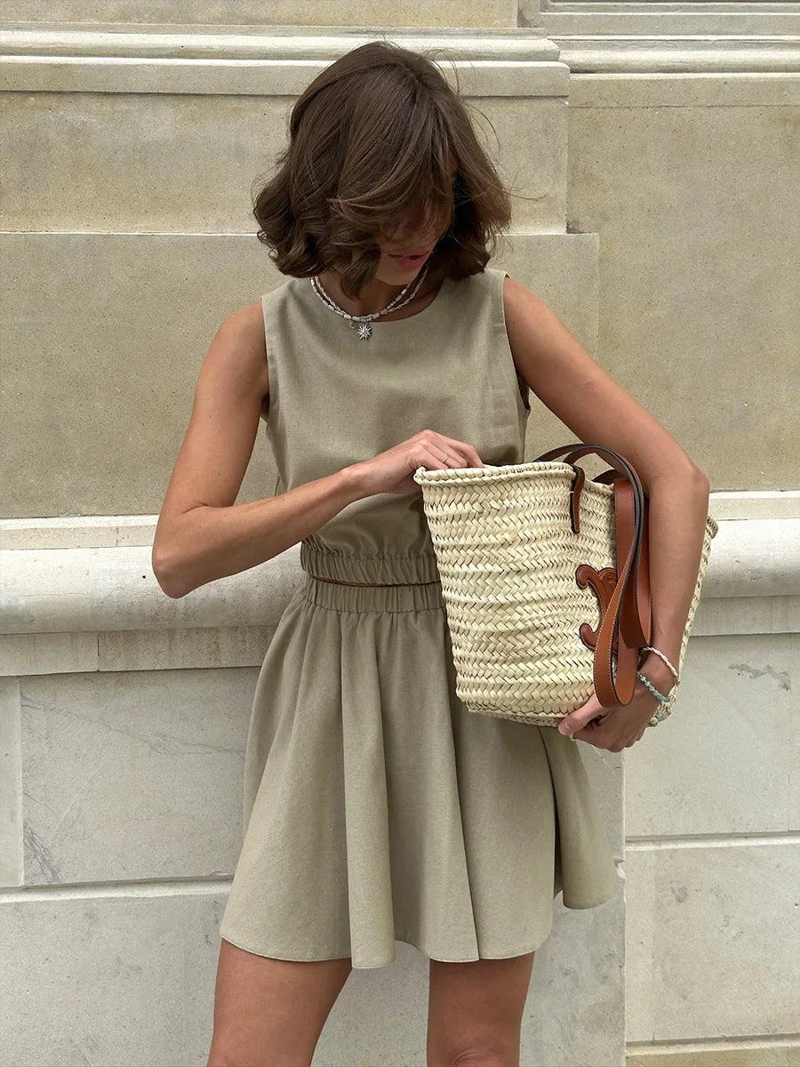 Summer New O-Neck Vest Pleated Skirt 2-Piece Set