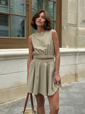Summer New O-Neck Vest Pleated Skirt 2-Piece Set - Khaki / M