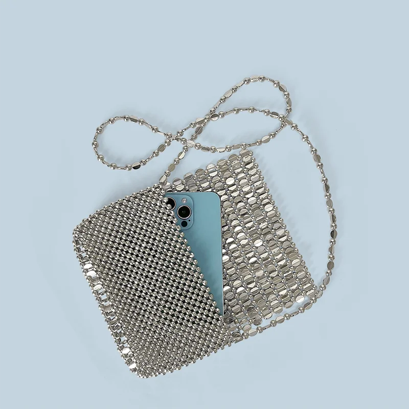 Summer Retro Silver Hollow Design Handmade Beaded Flip Phone Bag
