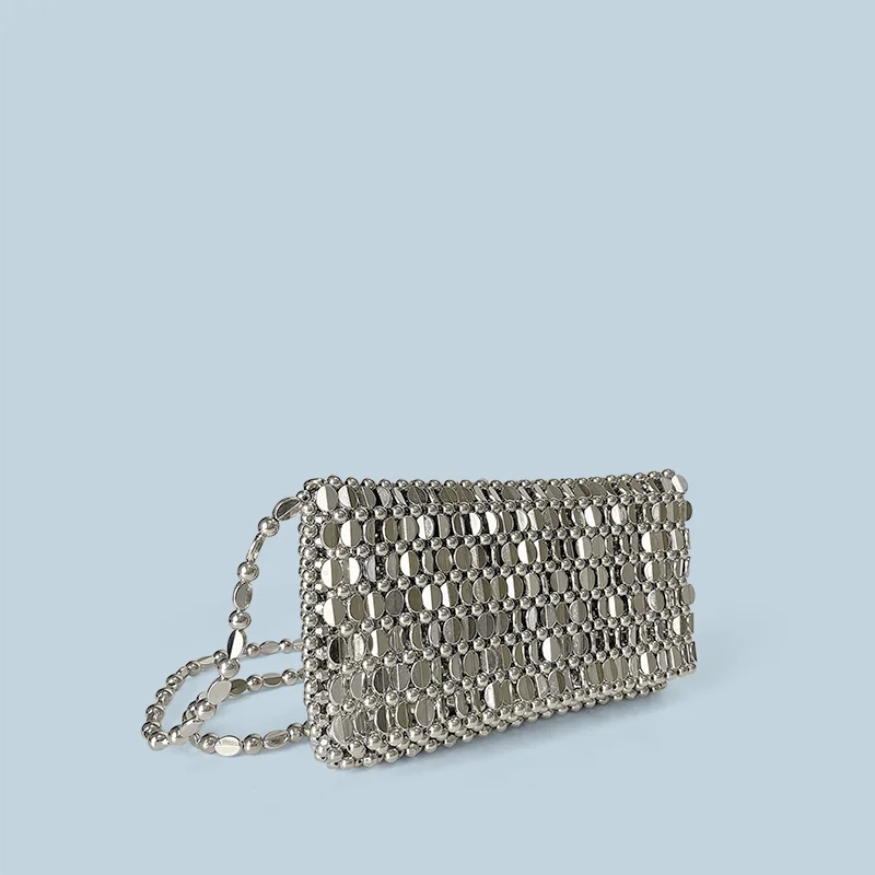 Summer Retro Silver Hollow Design Handmade Beaded Flip Phone Bag
