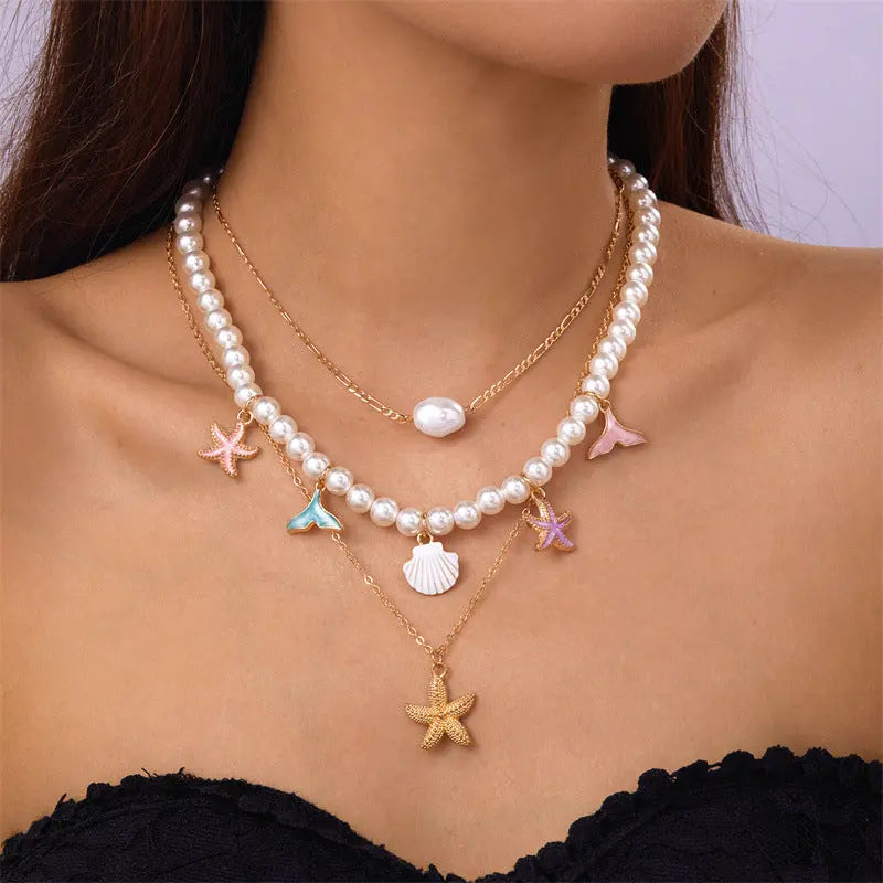 Summer Retro Vacation Style Beach Shell Artificial Pearl Conch Multi-layer Women’s Necklace - electronic accessories