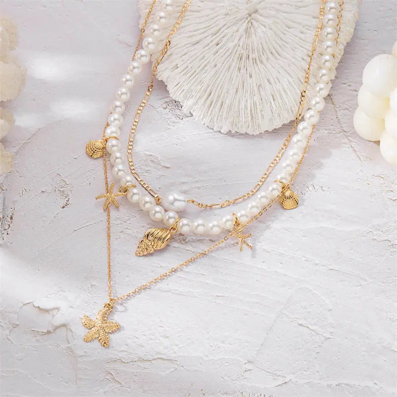 Summer Retro Vacation Style Beach Shell Artificial Pearl Conch Multi-layer Women’s Necklace - electronic accessories