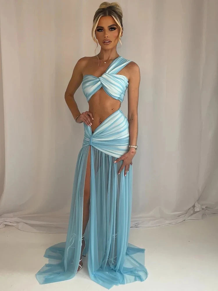 Summer Skirt Two Piece Sets Women One Shoulder Crop Top And Maxi - Yellow / M