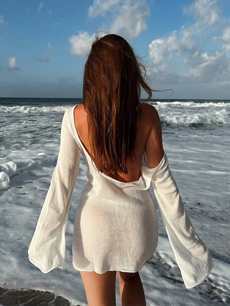 Summer Solid Knit Mini Dress Sexy Backless Bell - Other