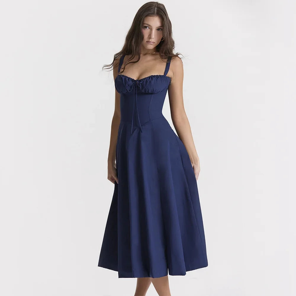 Summer Spaghetti Strap Midi Dress Elegant Long Lace Up - navy blue / XL