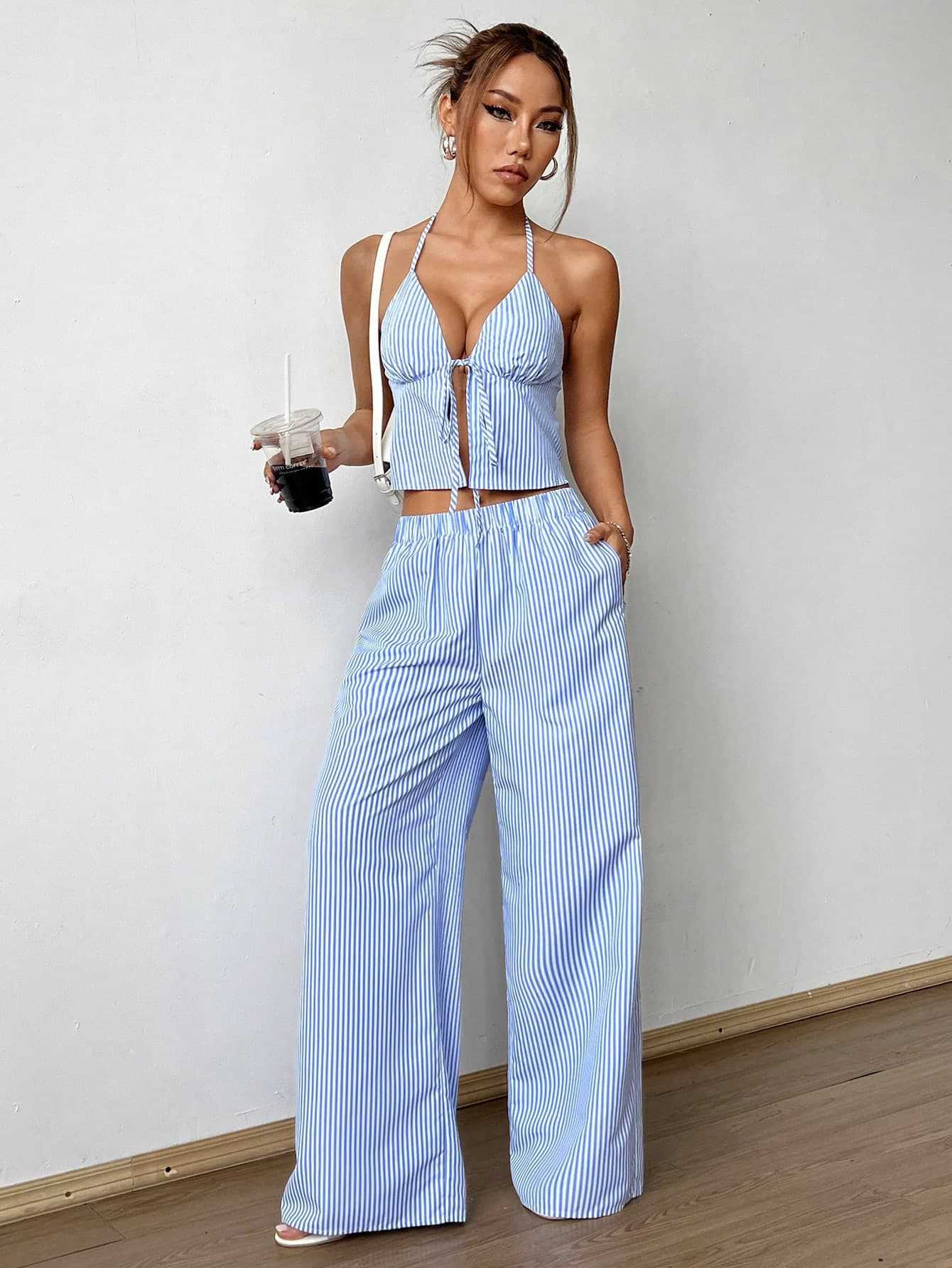 Summer Stripes Vest Plus Stretchy Straight-leg Pants Casual Two-piece Suit - Light Blue Stripe / L - Other