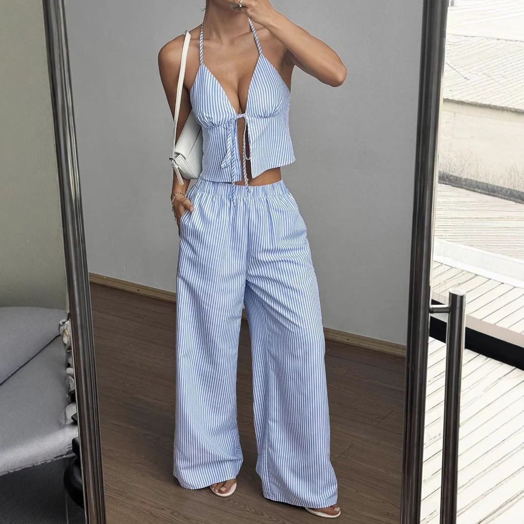 Summer Stripes Vest Plus Stretchy Straight-leg Pants Casual Two-piece Suit - Other