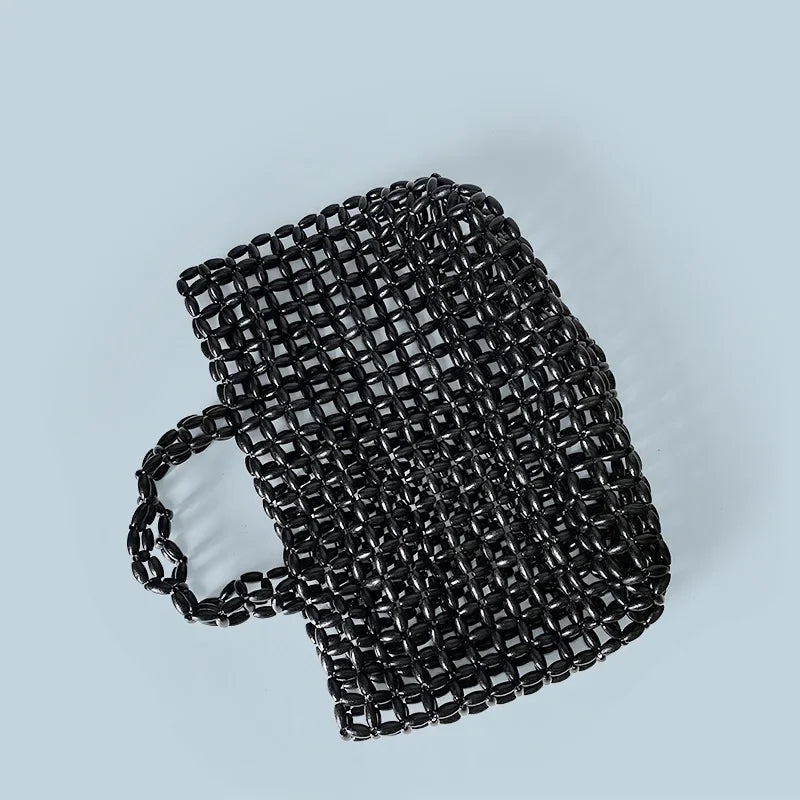 Summer Women’s Handwoven Totes Beach Holiday Hollowed-Out Wooden Beaded Bag
