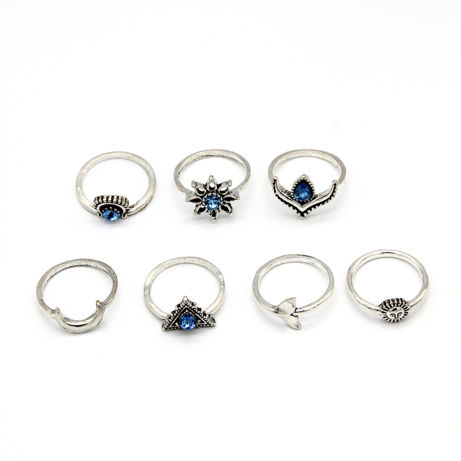 Sun Crescent Triangle Gem Fishtail Flower Ring Suit - Silver / Free Size - electronic accessories