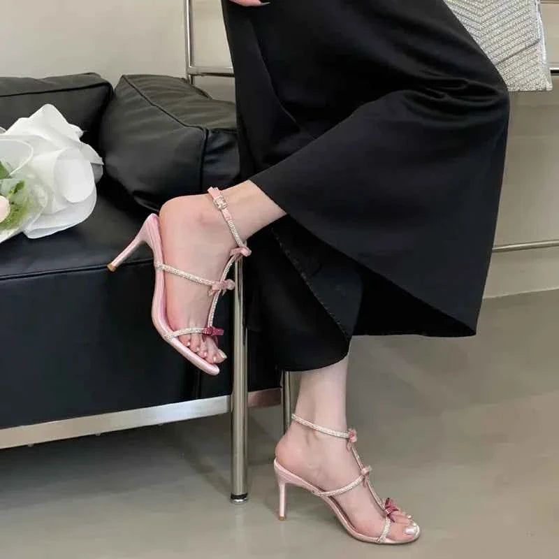 Sweet Pink Bowknot Rhinestones T-Strap Women Gladiator Sandals