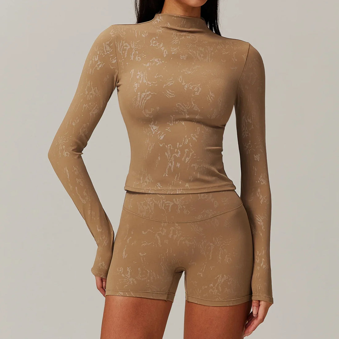 Tan brown mock neck top and high-waisted biker shorts set for women yoga