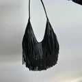 Tassel Large Capacity Brand Tote Bag Black Leather High Quality
