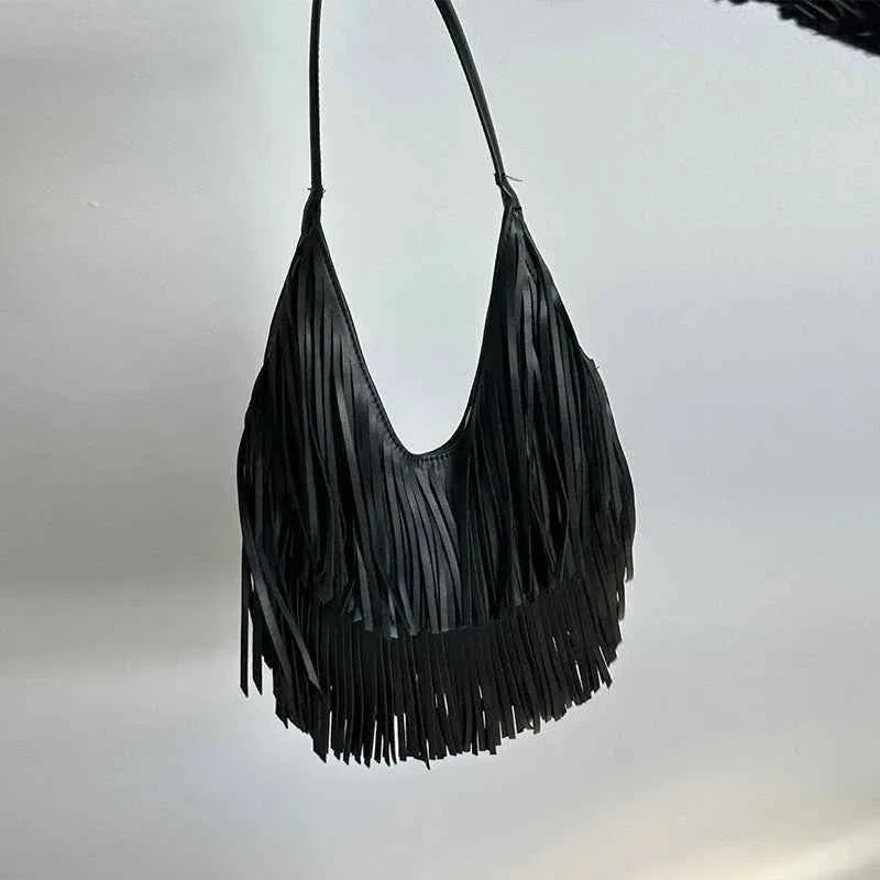 Tassel Large Capacity Brand Tote Bag Black Leather High Quality