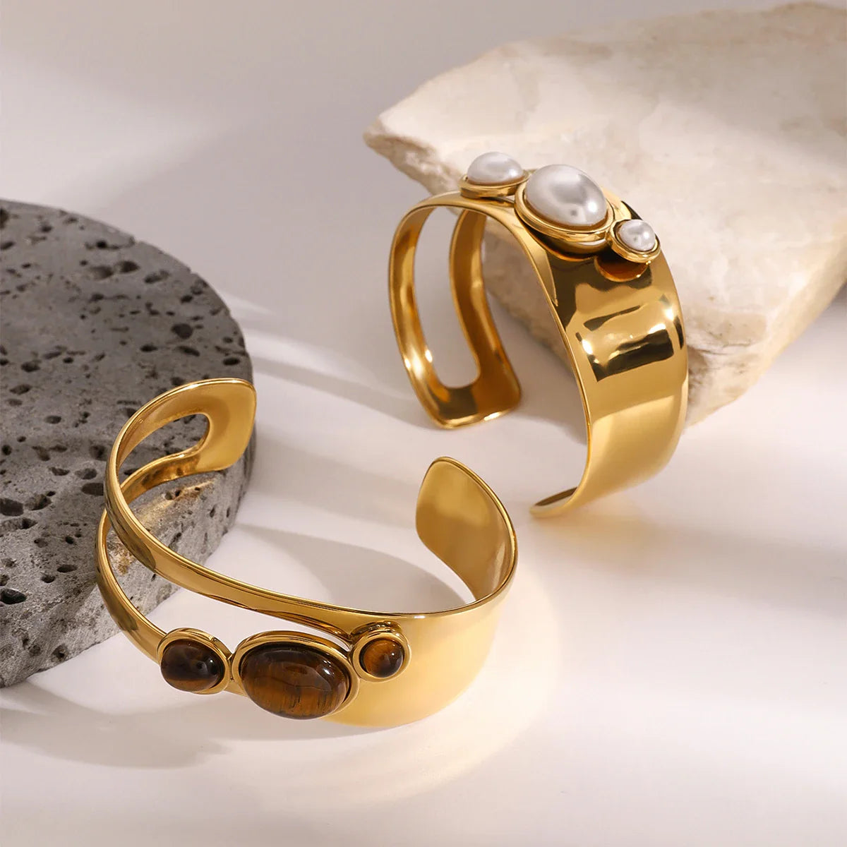 Thick Irregular Pearl Bracelet Tiger Eye Stone Stacked - JDBW2410015-BN