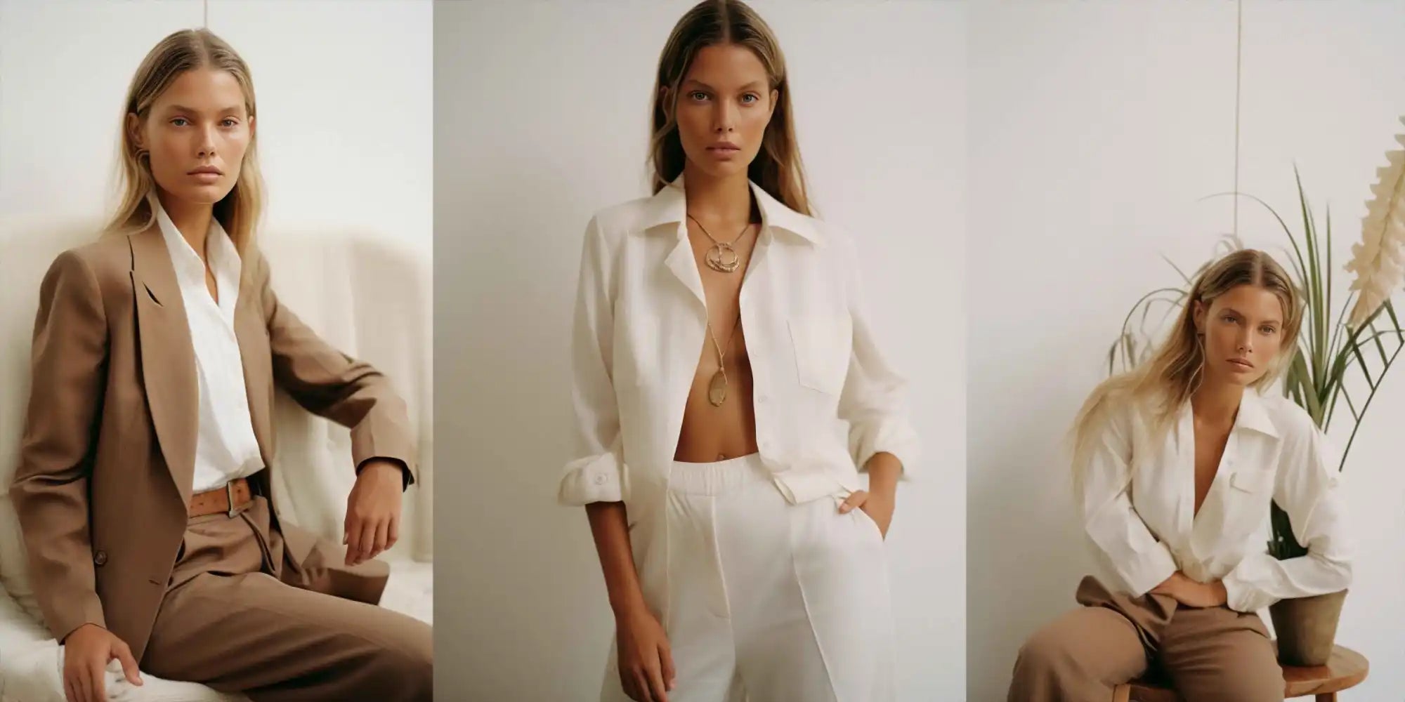 Three distinct outfits featuring neutral-toned linen separates.slider_item_Ctekqr