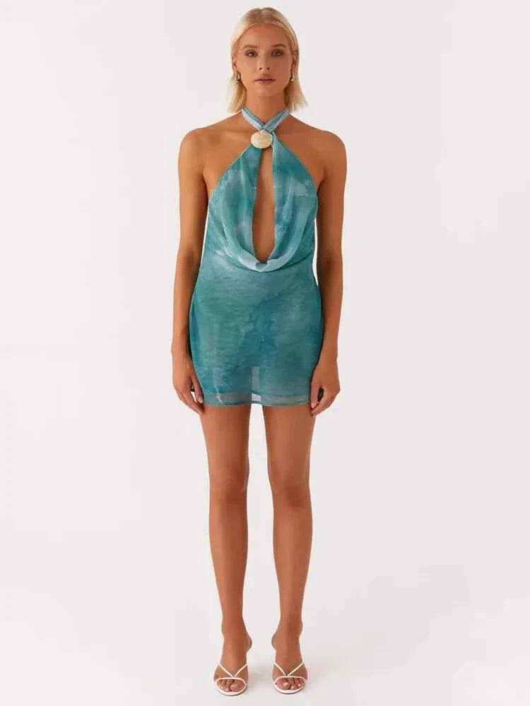 Tie Dye Halter Backless Mini Dress Women