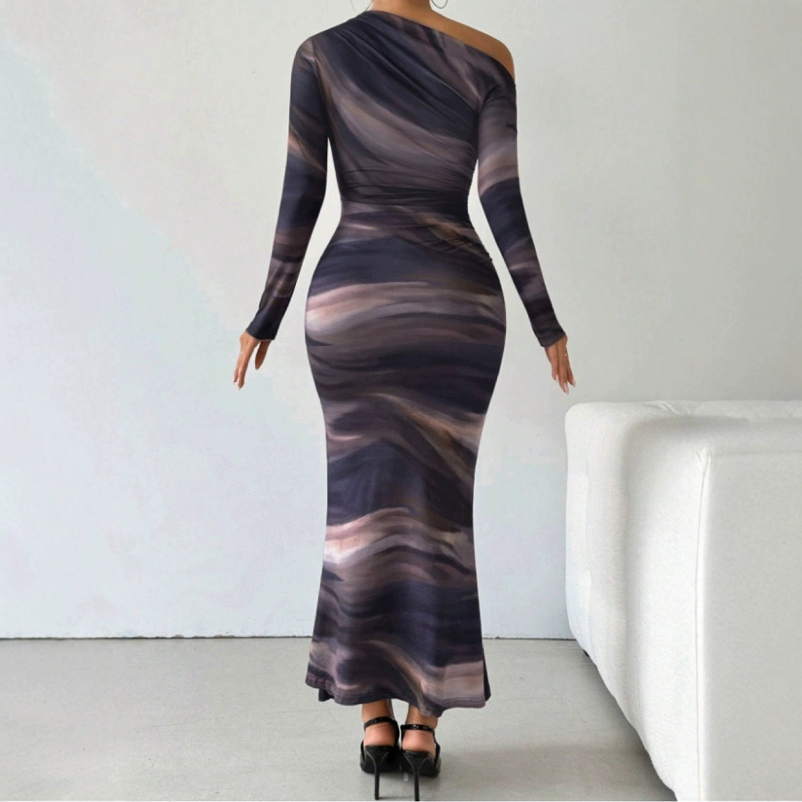 Tie-dyed Crossbody Shoulder Asymmetric Fold Dress - Other