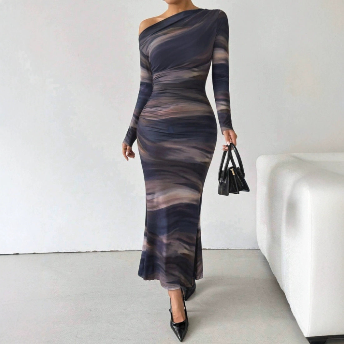 Tie-dyed Crossbody Shoulder Asymmetric Fold Dress - Other