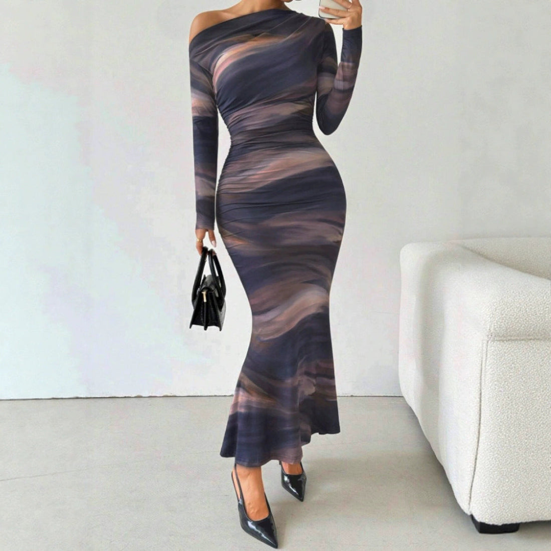 Tie-dyed Crossbody Shoulder Asymmetric Fold Dress - Other