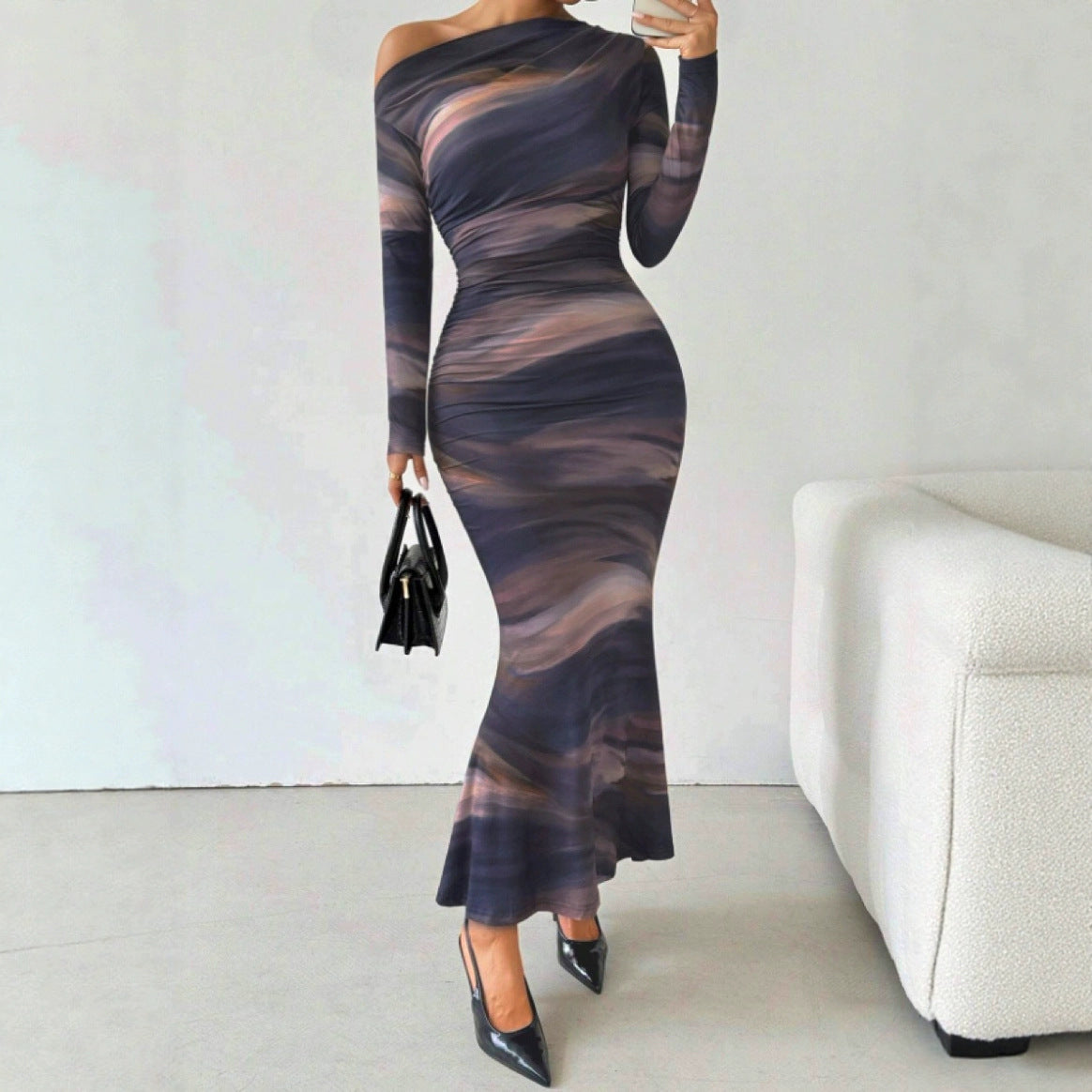 Tie-dyed Crossbody Shoulder Asymmetric Fold Dress - Other