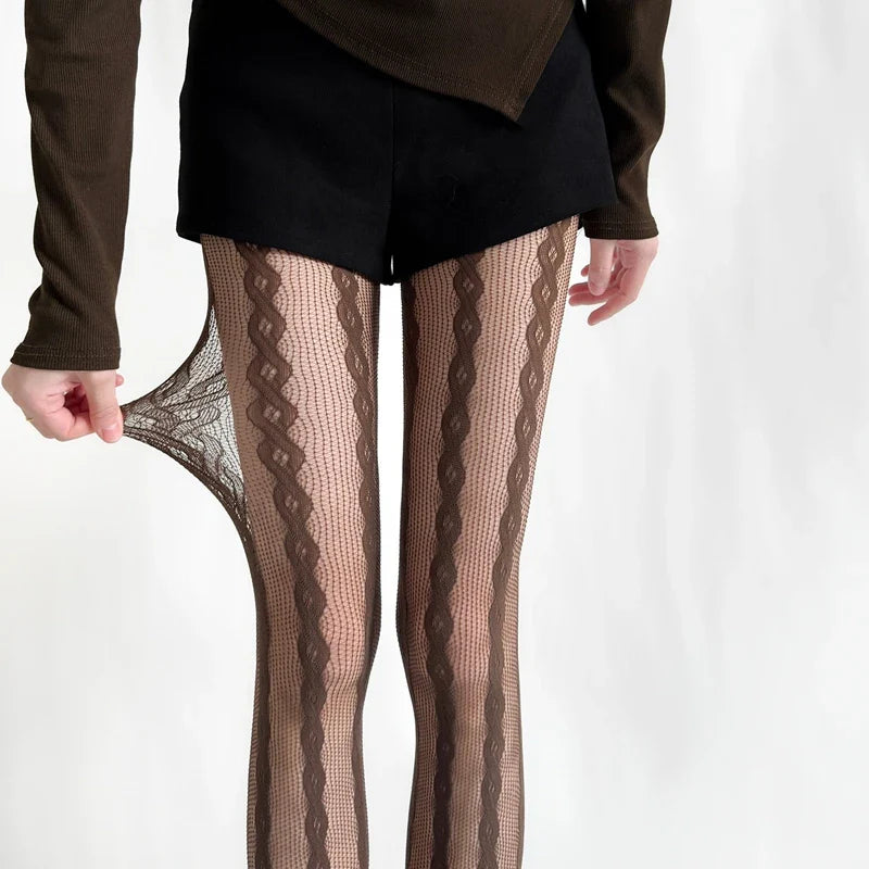 Tights for Women Lace Mesh Fishnet Retro Pantyhose - Brown / One Size