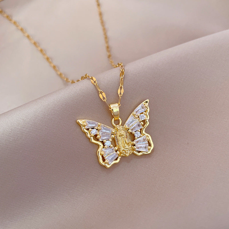 Titanium Steel Micro-inlaid Portrait Butterfly Zircon Necklace - C436 - electronic accessories