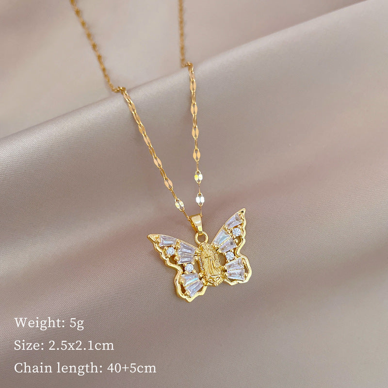 Titanium Steel Micro-inlaid Portrait Butterfly Zircon Necklace - C436 - electronic accessories