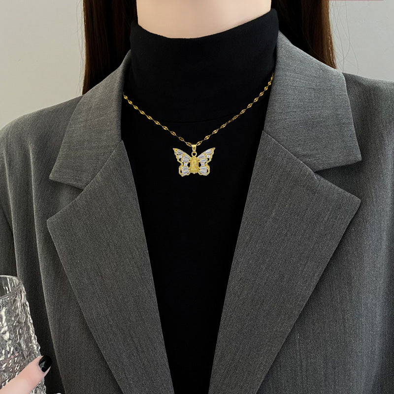 Titanium Steel Micro-inlaid Portrait Butterfly Zircon Necklace - C436 - electronic accessories