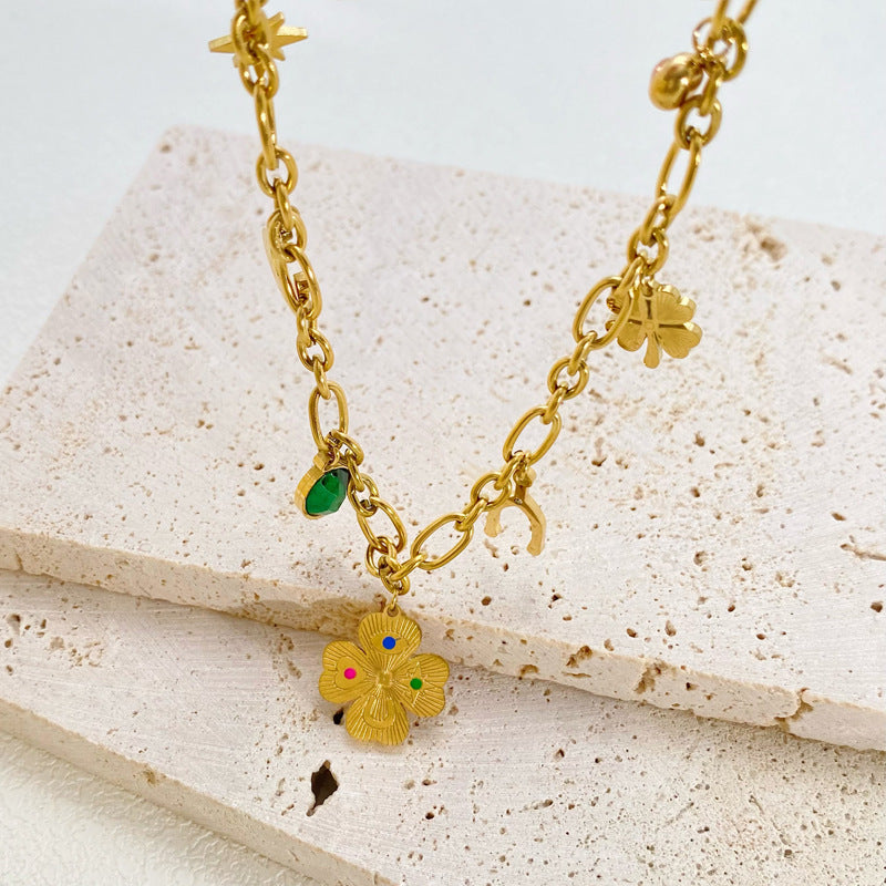 Titanium Steel Necklace Female Ginkgo Leaf Letters Emerald Zircon - N1065 Gold - electronic accessories