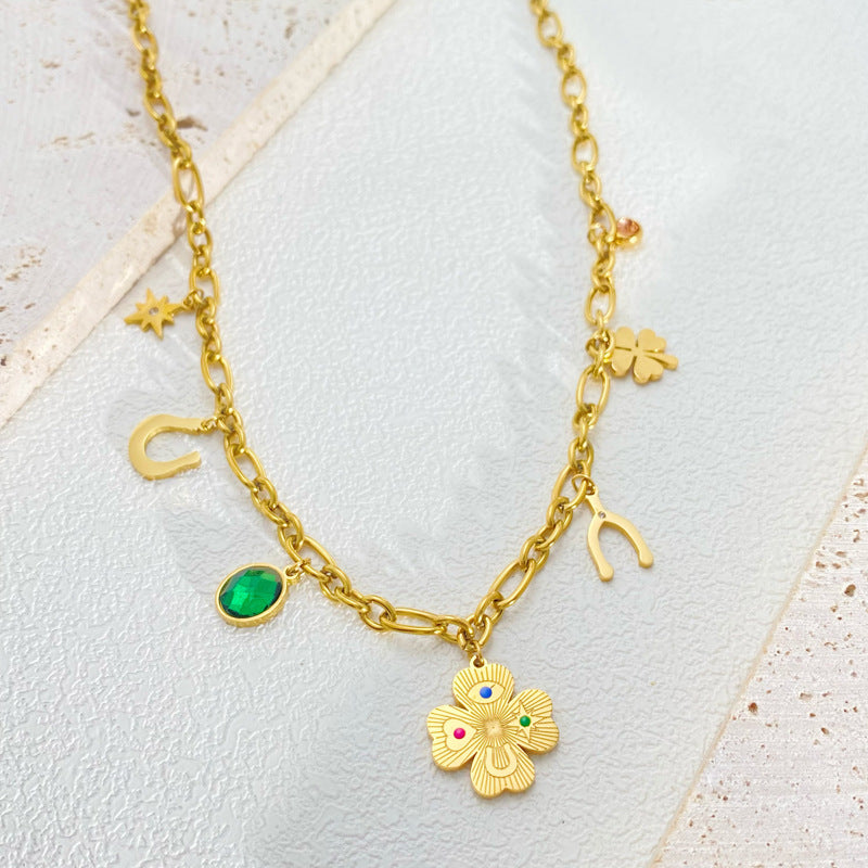 Titanium Steel Necklace Female Ginkgo Leaf Letters Emerald Zircon - N1065 Gold - electronic accessories