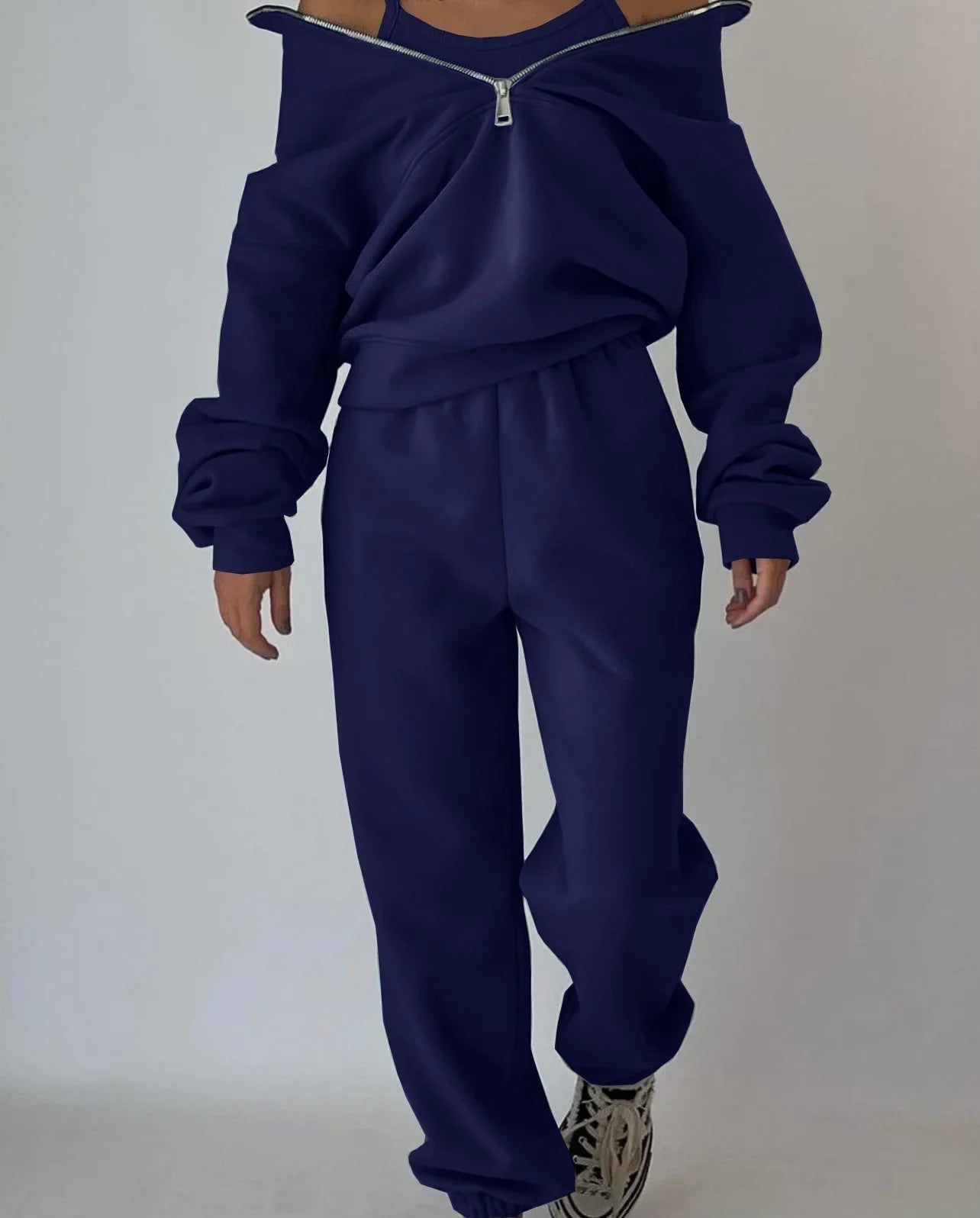 Tracksuit Set Comfortable Warm Zipper Two-piece Sets - Navy Blue / M