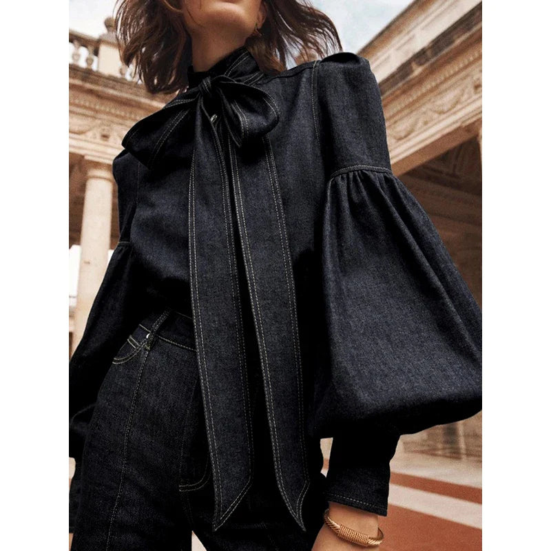 Trendy Imitation Denim Blouse Tops for Women Long Puff - Other
