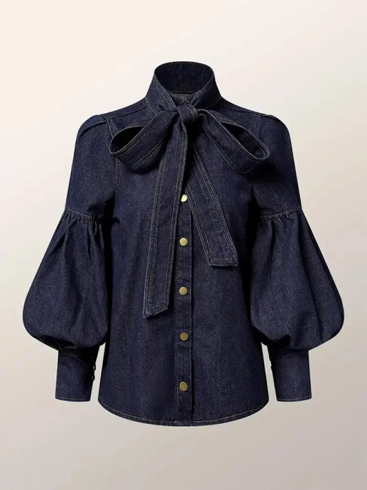 Trendy Imitation Denim Blouse Tops for Women Long Puff - Other