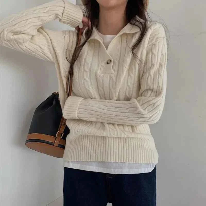 Turn-down Collar Solid Women’s Sweater - beige / One Size
