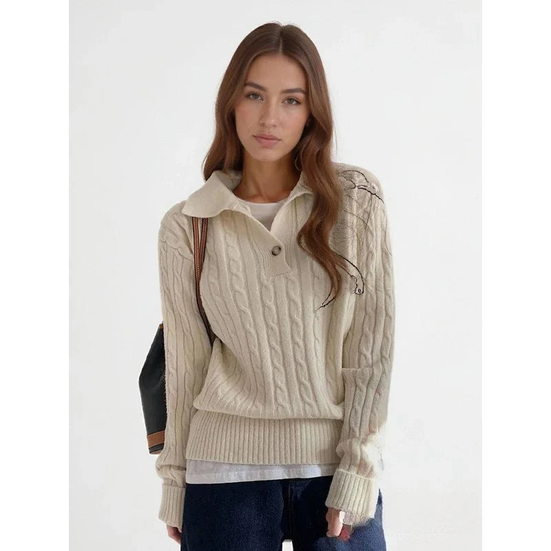 Turn-down Collar Solid Women’s Sweater - beige / One Size