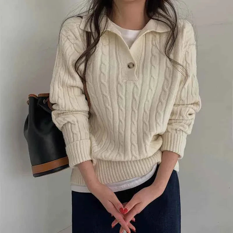 Turn-down Collar Solid Women's Sweater