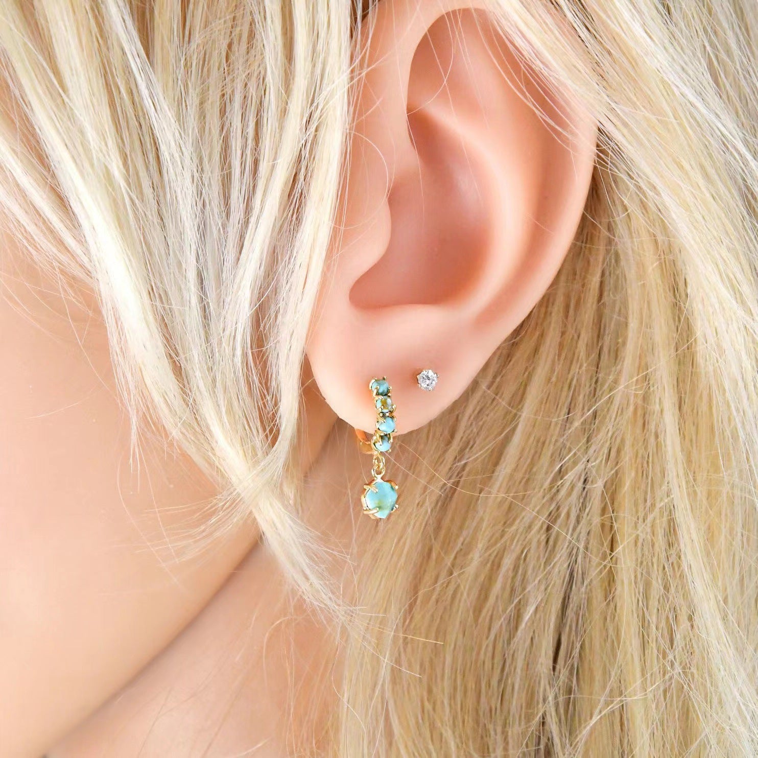 Turquoise Encircling Ear Ring With Embellished Stud Earrings - Golden Eardrops / A Pair - electronic accessories