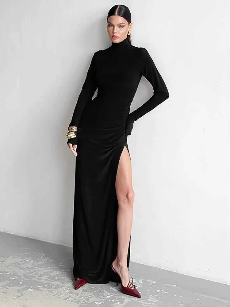 Turtleneck High Slit Maxi Dress For Women