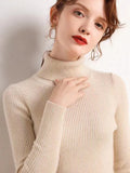 Turtleneck Jumper Woman Knitted Blouse - Beige / One Size